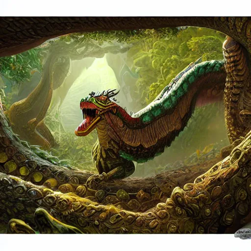 Prompt: digital painting of quetzalcoatl, by filipe pagliuso and justin gerard, jungle, fantasy, highly detailed, ominous, intricate, gigantic, portrait, snake