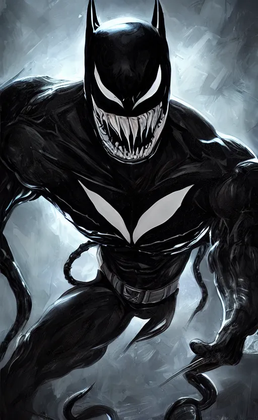 Image similar to venom as batman, dynamic lighting, photorealistic fantasy concept art, trending on art station, stunning visuals, terrifying, creative, cinematic