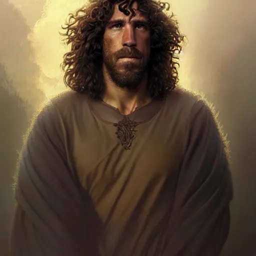 Image similar to Carles Puyol with a majestic beard, closeup, D&D, fantasy, intricate, elegant, highly detailed, digital painting, artstation, concept art, matte, sharp focus, illustration, art by Artgerm and Greg Rutkowski and Alphonse Mucha