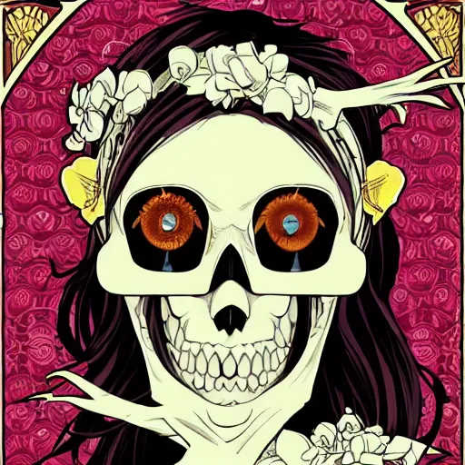 Prompt: anime manga skull portrait girl female skeleton illustration artstation vector art Geof Darrow and Ashley wood and alphonse mucha pop art nouveau intricate