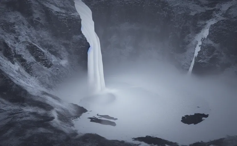 Prompt: a very symmetrical smooth metal spacecraft hovering over iceland, misty waterfall, sharp focus, octane render, 8k