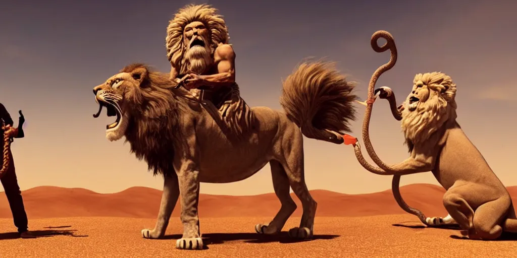 Prompt: a wise old man with a long white beard riding a lion in the desert, the man in holding a snake as though it where handlebars and the lion is holding the snake in its mouth, epic cinematic establishing shot, dramatic lighting