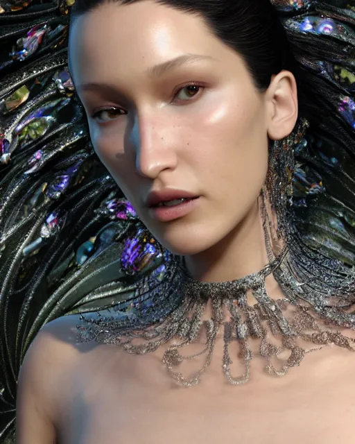 Image similar to a highly detailed metahuman 8 k close up render of bella hadid as a black snake renaissance in iris van herpen dress schiaparelli in diamonds crystals swarovski and jewelry iridescent in style of alphonse mucha gustav klimt trending on artstation made in unreal engine 4