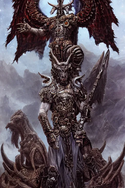 Image similar to full body concept art of baphomet wearing ancient roman armor made with porcelain by Jeff Easley and Peter Elson + beautiful eyes, beautiful face + symmetry face + galaxy + gothic, surreal, dread + highly detailed, intricate complexity, epic composition, magical atmosphere + masterpiece, award winning + trending on artstation