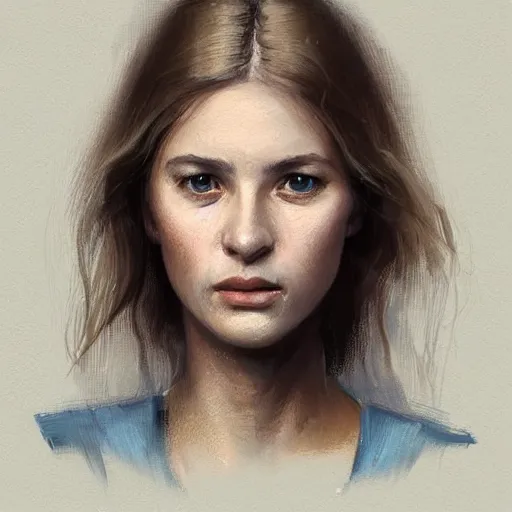 Image similar to Portrait of a woman by Greg Rutkowski, she is about 30 years old, pretty, blond hair with two strans around her face, slavic features, melancholic gaze, pretty aquiline nose, she is wearing a blue utilitarian jumpsuit, highly detailed portrait, digital painting, artstation, concept art, smooth, sharp foccus ilustration, Artstation HQ.