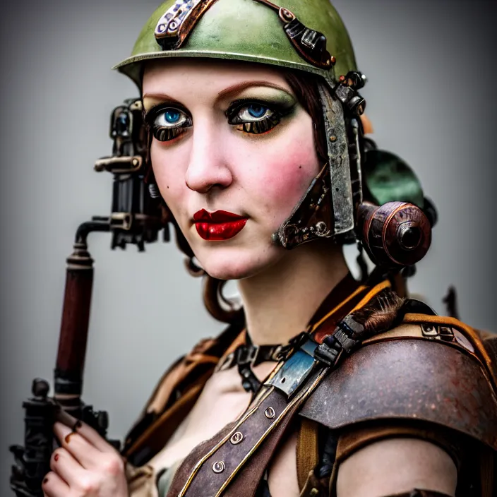 Image similar to photograph of a real - life very beautiful slim dieselpunk warrior. extremely detailed. dslr. 8 5 mm.