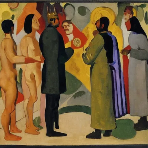 Prompt: coronation of medieval king, golden ratio, fauvisme, art du XIXe siècle, figurative oil on canvas by André Derain, Albert Marquet, Auguste Herbin, Louis Valtat, Musée d'Orsay catalogue