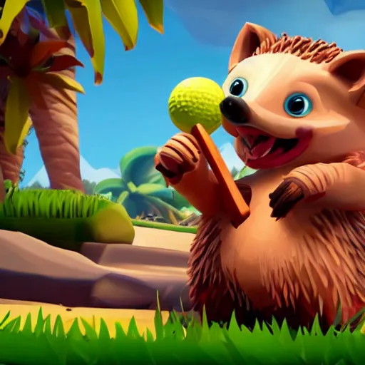 Prompt: hedgehog playing golf in sea of thieves, cute, colourful, happy, adorable