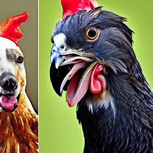 Prompt: photo of a a chicken with the head of a dog