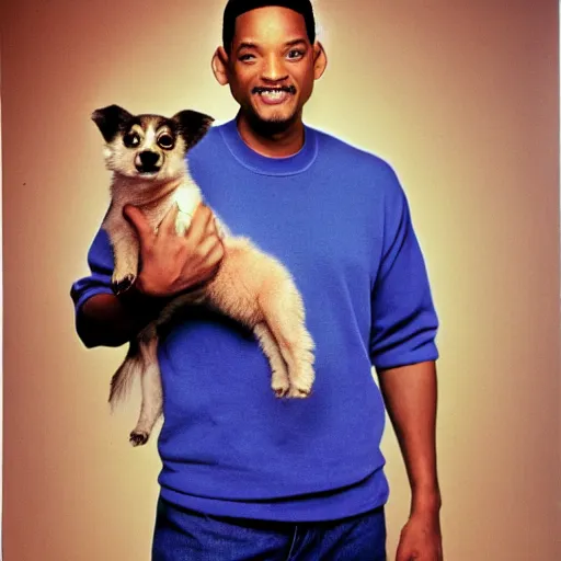 Image similar to Will Smith holding a puppy for a 1990s sitcom tv show, Studio Photograph, portrait C 12.0