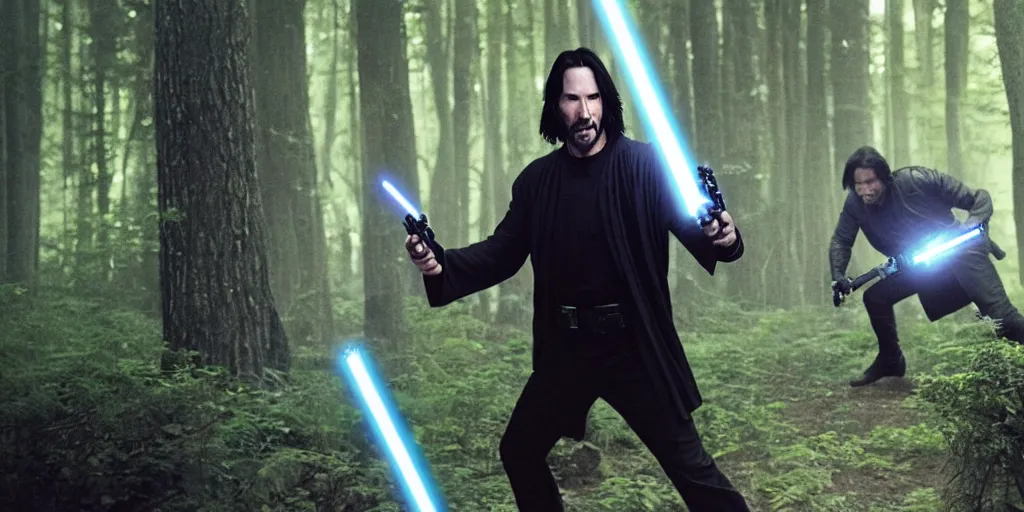 Image similar to keanu reeves as a jedi master with a blue lightsaber fighting a sith lord in an ancient bioluminescent forest, perfect symmetrical face, full moon, moody lighting, 8 k, shallow depth of field, intricate detail,