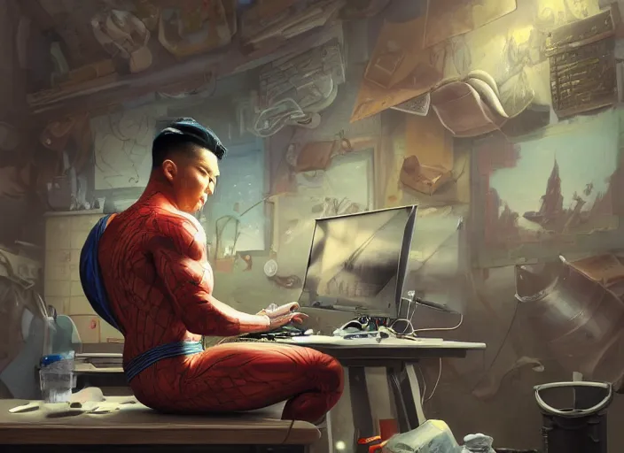 Image similar to an insanely detailed painting of an asian man wearing a homemade superhero costume, sitting at a desk, staring seriously at the computer and typing, in the style of peter mohrbacher, james jean, artgerm, dramatic lighting and composition, surreal background, octane render, pixar, trending on artstation, concept art, comic book, view from behind, 8 k