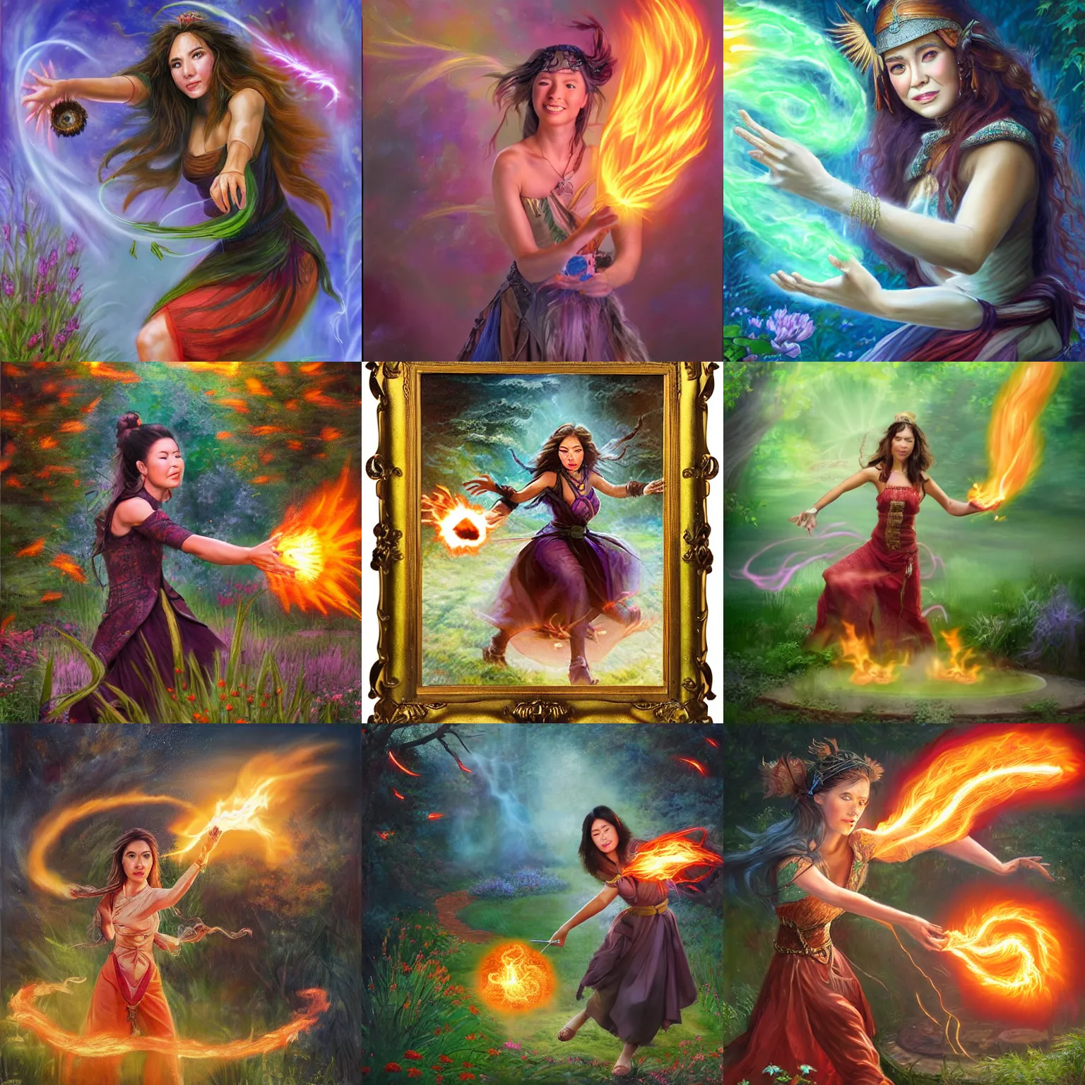 Prompt: female portrait, hapa sorceress chasing will-o-wisps casting a fireball in a garden, award-winning fantasy oil portrait