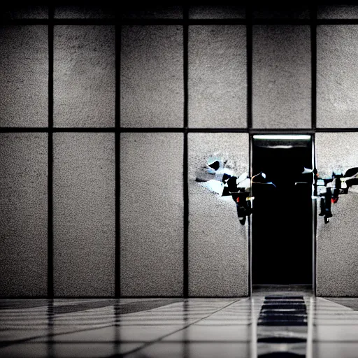 Prompt: Black military quadcopters, in the wide hallways in a futuristic prison underground, brutalist liminal architecture, sigma 85mm f/1.4, 4k, depth of field, high resolution, 4k, 8k, hd, full color