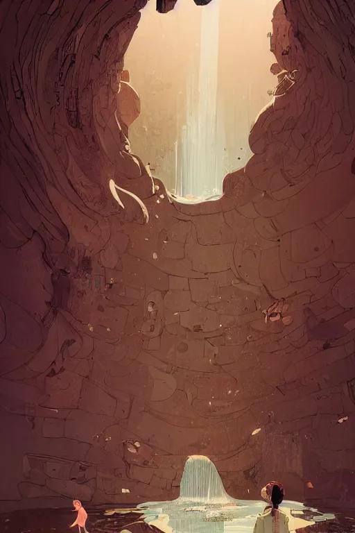 Image similar to a girl pushing a giant wooden door with archaic symbols embedded onto it, in a cave with the waterfall, digital art, illustrated by pascal campion and moebius and victo ngai