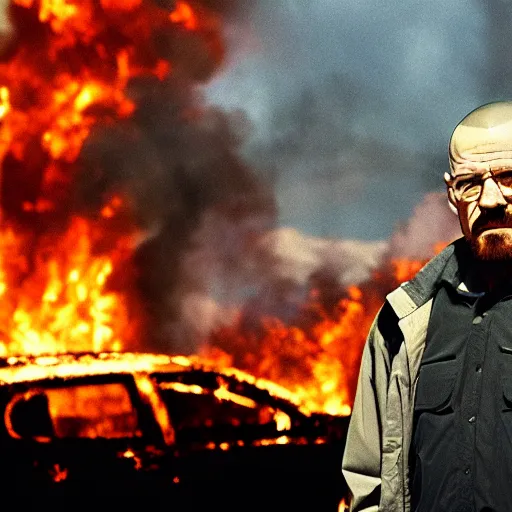 Image similar to a photo of walter white standing in front of a building on fire, highly detailed, 4 k