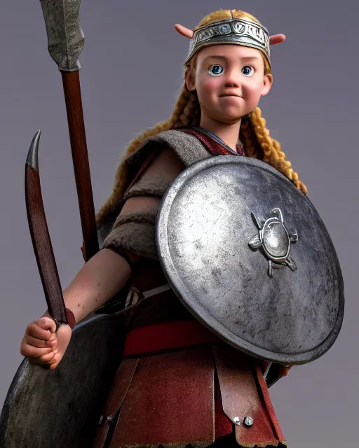 Image similar to a toy of a viking girl with her shield raised to defend, pixar style, authentic viking armor, historically accurate, clean detail, symmetrical, octane render, studio lighting