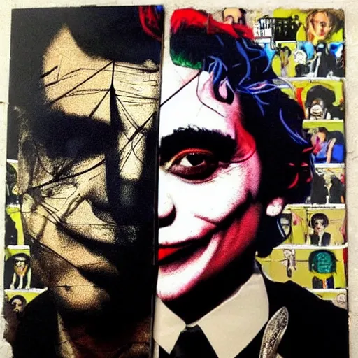 Image similar to mimmo rottela and banksy as joaquin phoenix skinny joker holding hand lady gaga harley queen, photorealistic, intricate details, pop art style, baroque, hyperdetailed