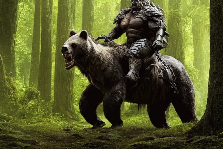 Image similar to vfx movie closeup detailed ancient armored warrior orc hunting riding large bear in the forest, natural lighting by emmanuel lubezki