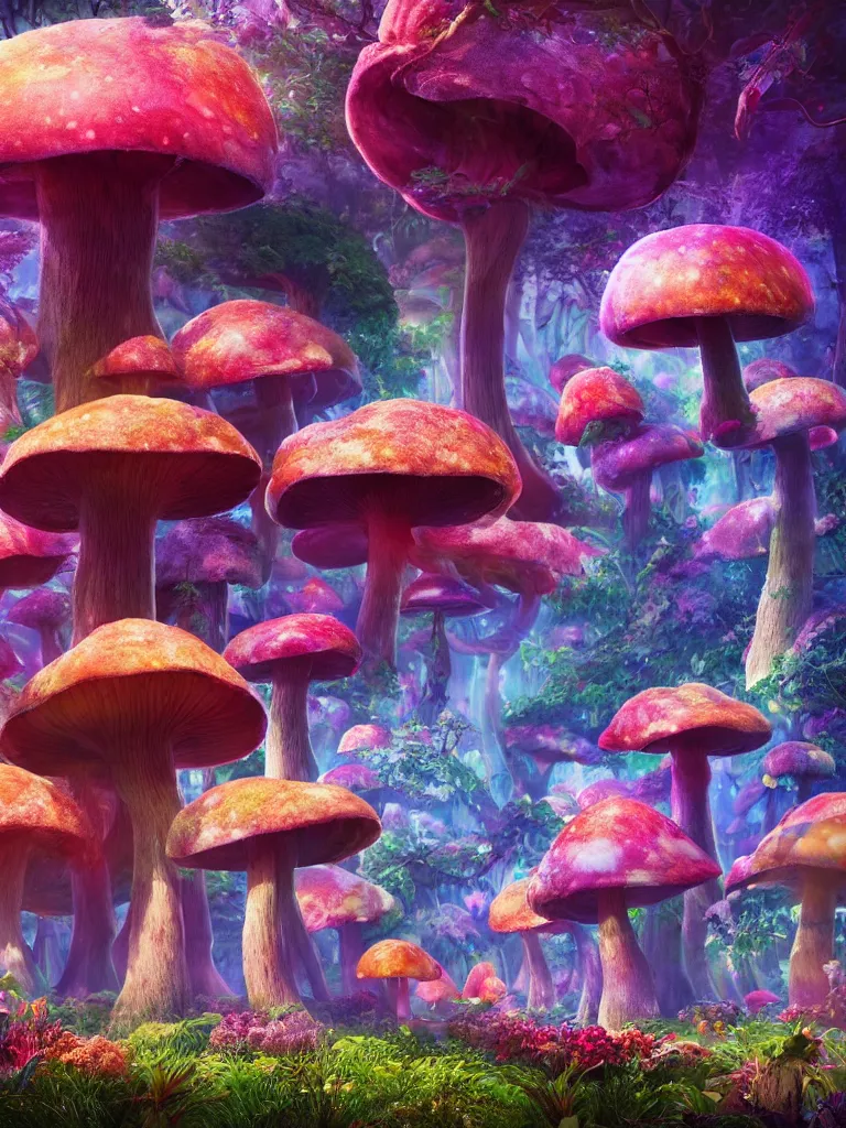 Image similar to a beautiful otherworldly fantasy landscape of giant mushroom trees forming canopies over bright colorful mythical floral plants, like alice in wonderland, rendering, cryengine, deep color, vray render, cinema 4 d, cgsociety, bioluminescent