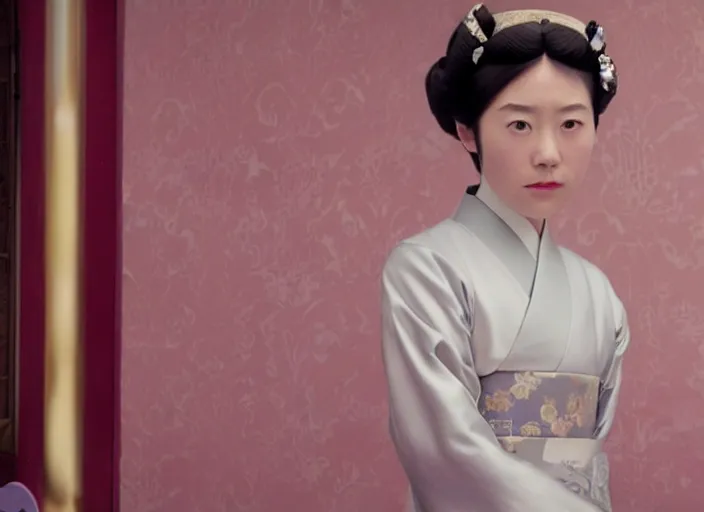 Image similar to a film still of a japanese princess young lady called kamisato ayaka, with white hair and bangs!!!! in the grand budapest hotel ( 2 0 1 4 )