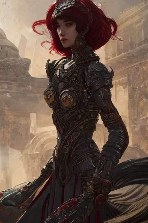 Prompt: portrait knights of Zodiac girl, metallic black and reddish reflected armor, in ruined Agora of Athens, ssci-fi, fantasy, intricate, very very beautiful, elegant, highly detailed, digital painting, artstation, concept art, smooth, sharp focus, illustration, art by tian zi and WLOP and alphonse mucha