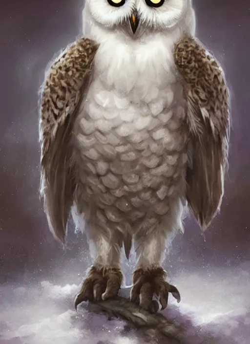 Image similar to cute little anthropomorphic snowy owl poet wearing forgotten crystal, tiny, small, miniature animal, baby animal, short, pale blue armor, cute and adorable, pretty, beautiful, DnD character art portrait, matte fantasy painting, DeviantArt Artstation, by Jason Felix by Steve Argyle by Tyler Jacobson by Peter Mohrbacher, cinematic lighting