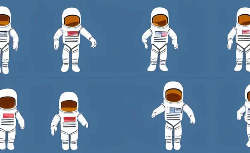 Image similar to 4 frame walk cycle of a cartoon astronaut, walk cycle animation sheet