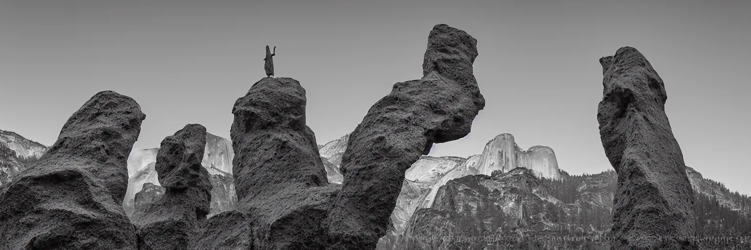 Image similar to to fathom hell or soar angelic, just take a pinch of psychedelic, medium format photograph of two colossal minimalistic necktie sculpture installations by antony gormley and anthony caro in yosemite national park, made from iron, marble, and limestone, granite peaks visible in the background, taken in the night