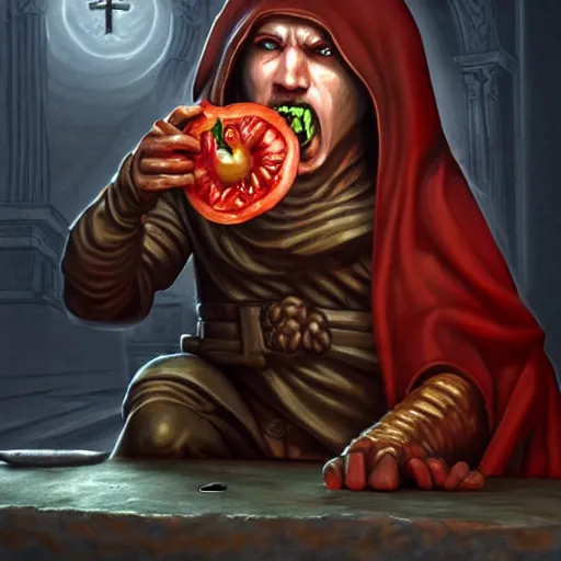 Image similar to a hooded cultist is stabbing a tomato placed on an altar, in front of a stone statue of a forgotten god, by patrick mcenvoy and michael komarck and fantasy flight, incredible quality, trending on artstation