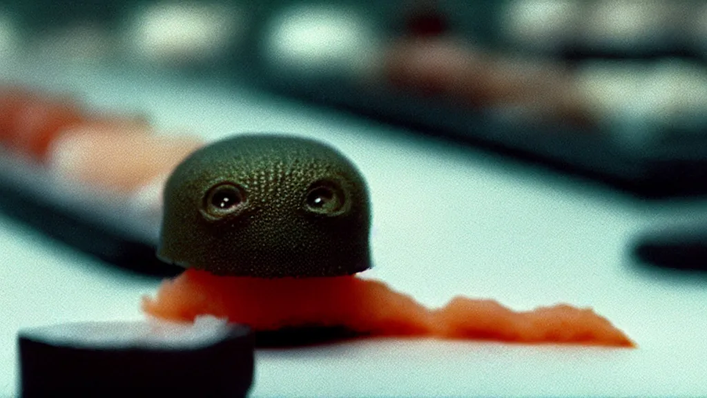 Prompt: a tiny strange creature barely appears on a piece of sushi, film still from the movie directed by Denis Villeneuve with art direction by Zdzisław Beksiński, wide lens