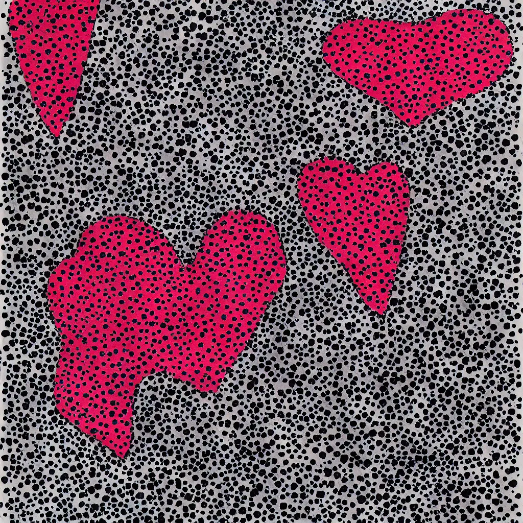 Image similar to camo made of hearts, smiling, abstract, rei kawakubo artwork, cryptic, dots, stipple, lines, splotch, color tearing, pitch bending, color splotches, dark, ominous, eerie, minimal, points, technical, old painting