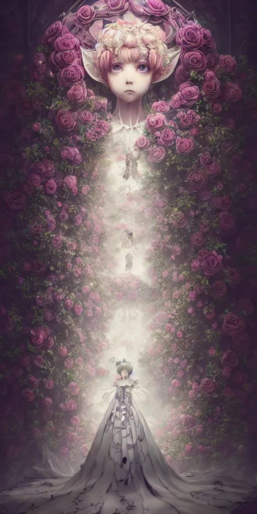 Image similar to the beautiful hyper detailed clothing of a rose wedding gothic lolita dress clothing design display in exhibition hall, exhibition hall lighting, in the style of makoto shinkai victo ngai and peter mohrbacher studio ghibli artgerm karol bak beeple, surrealistic style, 8 k hd, 3 drender, hyperdetailed