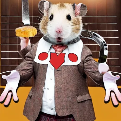 Prompt: a hamster in a butcher's suit with lots of hands. axes are in their hands. evil face