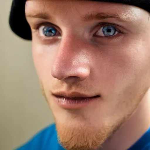 Image similar to close-up a 25 year old man wearing a black winter hat and a orange jail inmate tshirt, inside a underground facility, blue eyes, hideous, side lighting, Jan Kalous, D-55240