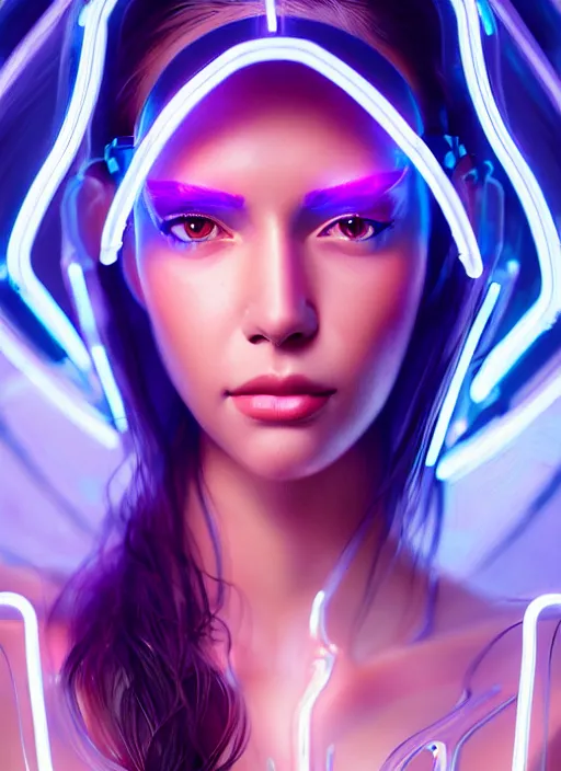 Image similar to portrait of female in transparent fashion wear, intricate, elegant, cyber neon lights, highly detailed, digital photography, artstation, glamor pose, concept art, smooth, sharp focus, art by artgerm and greg rutkowski