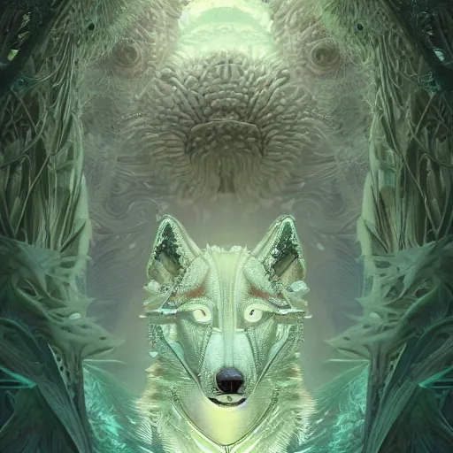 Prompt: white alaskan husky creature creature in a desert lush oasis, warm tones, bioluminescent bioluminescent translucent translucent : : by guillermo del toro, daniel merriam, victo ngai and michal karcz : : ornate, dynamic, particulate, intricate, elegant, highly detailed, centered, artstation, smooth, sharp focus, octane render