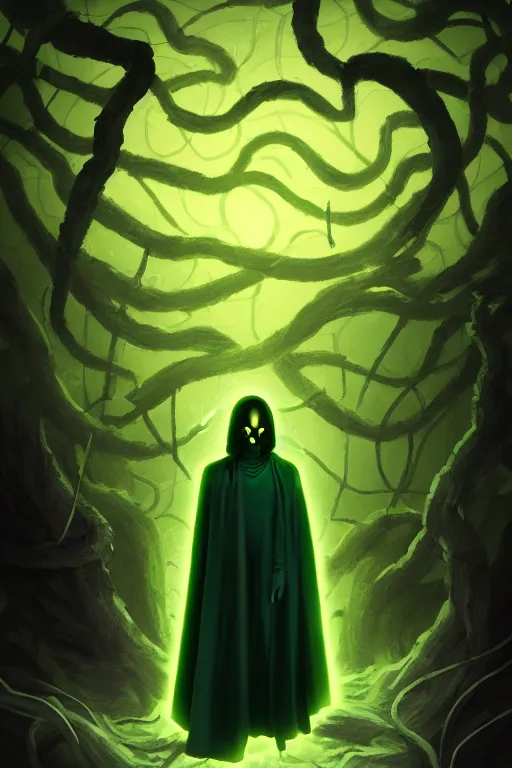 Prompt: A full body portrait of a mysterious character with no face, glowing eyes and a very long hooded dark green cloak, vines coming out the ground art by Shaddy Safadi and Jason Chan, ominous, cosmic horror, trending on artstation, Ultra detailed, hyper realistic 4k