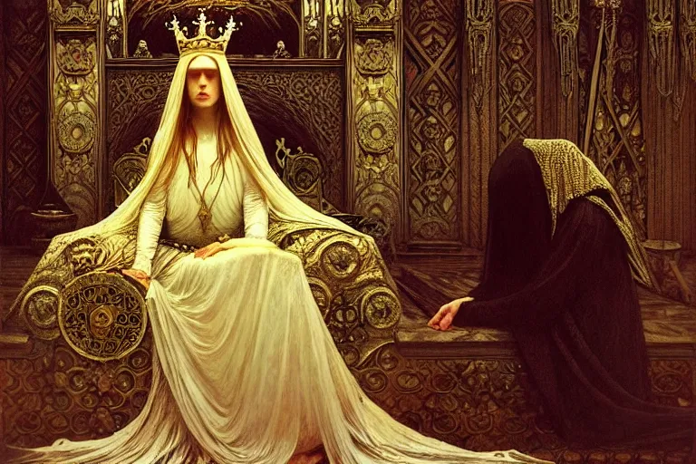 Prompt: intricate, elegant, dramatic, medieval queen mourning, throne room background, tears, sad mood by artem demura and alphonse mucha