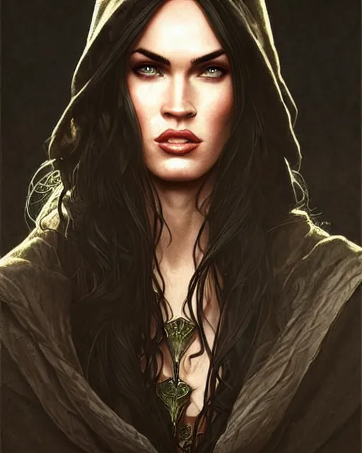 Image similar to portrait of megan fox as an elven mage, dark, piercing eyes, gentle expression, elegant clothing, photorealistic, highly detailed, artstation, smooth, sharp focus, art by michael whelan, artgerm, greg rutkowski and alphonse mucha