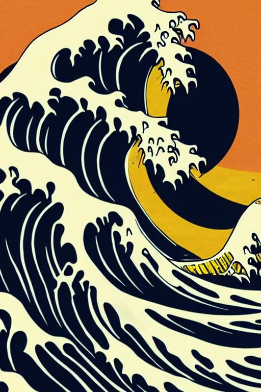 Image similar to Patrick Nagel and Shepard Fairey poster illustration of The Great Wave off Kanagawa, highly detailed, digital painting, artstation, concept art, smooth, sharp focus, illustration