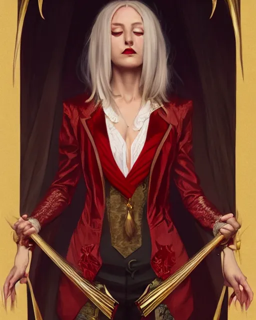 Image similar to female queen vampire, perfect face, gold waistcoat, red shirt, long grey hair, red necktie, cinematic, stunning, highly detailed, digital painting, artstation, smooth, hard focus, illustration, art by artgerm and greg rutkowski and alphonse mucha