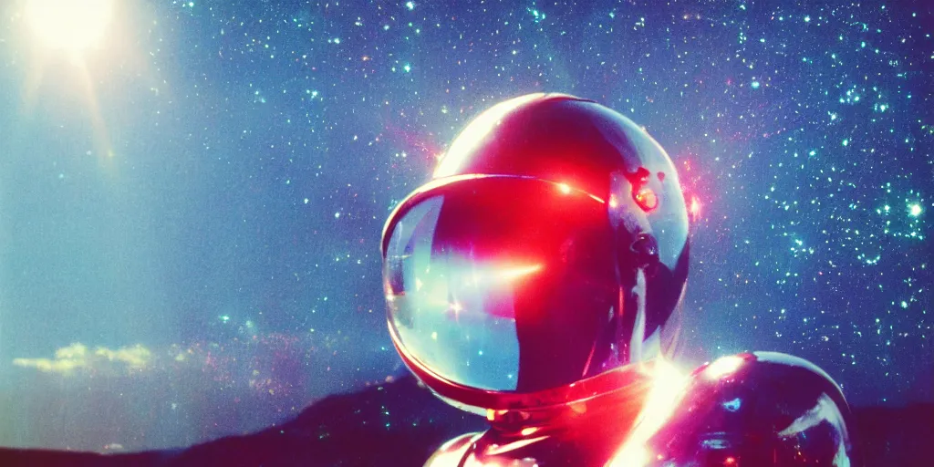 Prompt: analog polaroid portrait of a woman wearing a chrome space helmet, Hajime Sorayama, sheen, red reflections, unreal engine, azure sky, big clouds visible, sunlight, reflection, sparkles, space, stars, nebula, lensflare, film grain, depth of field, color bleed