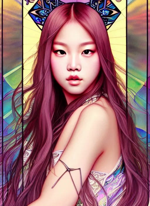 Image similar to jennie manoban of blackpink, tarot card, highly detailed, digital painting, smooth, sharp focus, illustration, ultra realistic, 8 k, art by artgerm and alphonse mucha