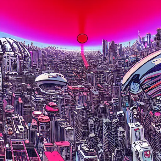 Prompt: adularia, apocalyptic spherical explosion, city, akira art style, pink, red, beams of light, gamma ray beams