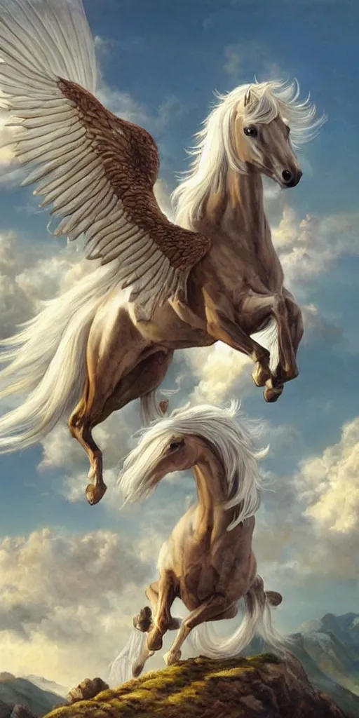 Prompt: a pegasus on a mountaintop, wings spreading, flowing mane, ultra-realistic fantasy oil painting