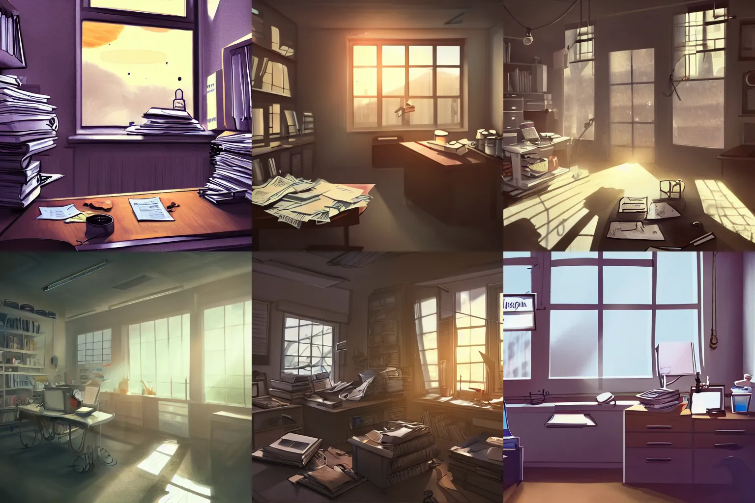 Prompt: messy doctor's office with paperwork on every surface, light shining through the windows, sunset, dramatic lighting, digital art, trending on artstation