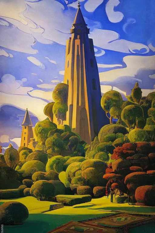Prompt: view of the mysterious blue tower in its gardens after a storm, tall windows, beautiful moorish ornament, dramatic cinematic lighting, rich colors, by Sylvain Sarrailh and Nicholas Roerich and Ludwig Deutsch and April Gornik