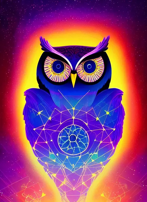 Prompt: symmetry!! product render poster vivid colors divine proportion owl, starry sky, glowing fog intricate, elegant, highly detailed, digital painting, artstation, concept art, smooth, sharp focus, illustration,