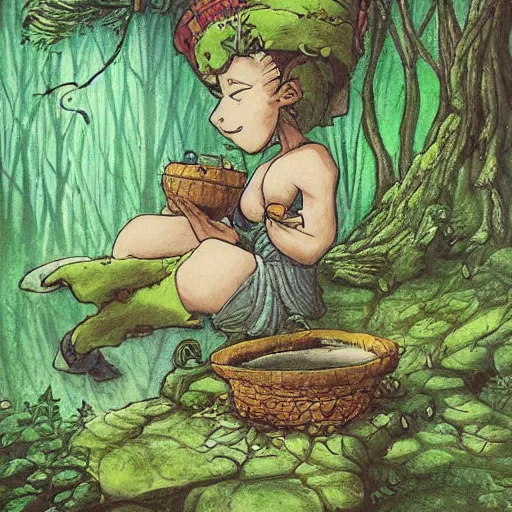 Image similar to a green genie ready to grant wishes deep in the forest, fantasy illustration, Miyazaki